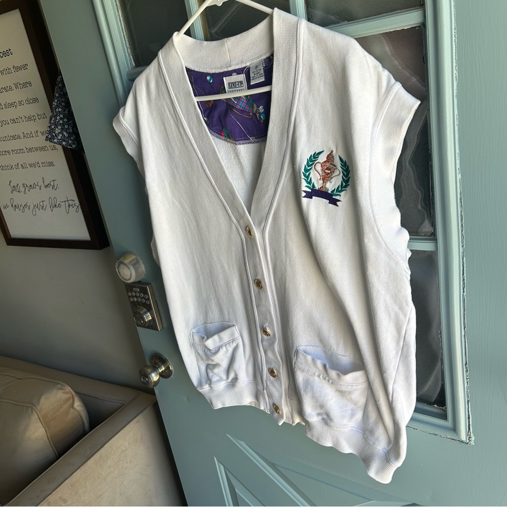 Vintage 80’s 90’s Sleeveless Golf Trophy Cotton Gold Button Up Cardigan White M - Picture 2 of 11